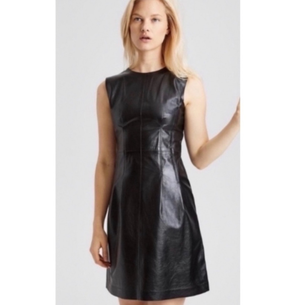 Theory Darted Leather Dress in Black- Size 0.